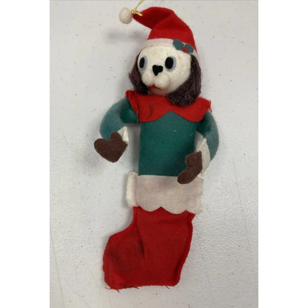 Two Vtg MCM 1950s Fun Farm Elf Ornament Felt‎ Material & Dog Elf Japan Christmas